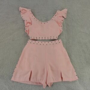 Karina Grimaldi Set Pink Studded Crop Top‎ Shorts Ruffle